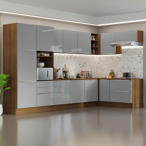 Armário De Cozinha Completa De Canto 546cm Rc Lux Madesa 05 Cor Rustic/Cinza