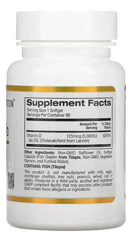 Vitamina D3 125 Mcg (5000 Ui) California Gold Nutrition 90pz Sabor Sin Sabor