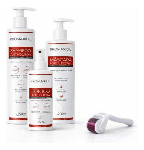 Kit Antiqueda Promaxidil Shampoo Máscara Tônico Dermaroller