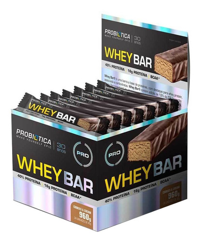 Suplemento en barra Probiótica  Whey Bar proteínas sabor cookies & cream en display de 960g 24 un