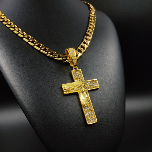 Corrente 100% Tungstênio Masculina Cruz Crucifixo Jesus Cor Dourado