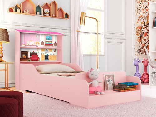 Cama Infantil Casa Menina Princesa Rosa Com Prateleiras Liz