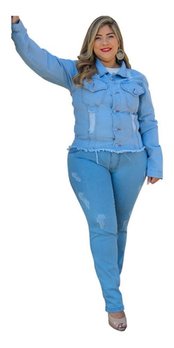 Imagem 1 de 6 de Conjunto Feminino Plus Size Jeans Jaqueta E Calça Inverno