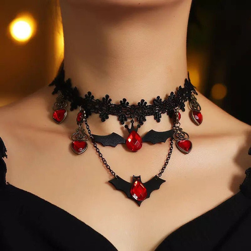 Collar Gargantilla Gótica Con Piedra Estilo Murciélago 