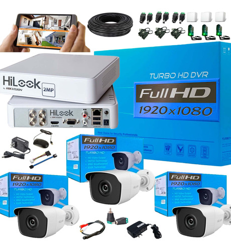 Kit Hikvision Hilook Dvr 4 Ch + 3 Cámaras 1080p + Utp Ext