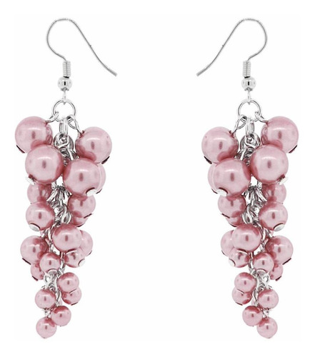 Brinco Prateado Cacho De Bolinhas Rosa