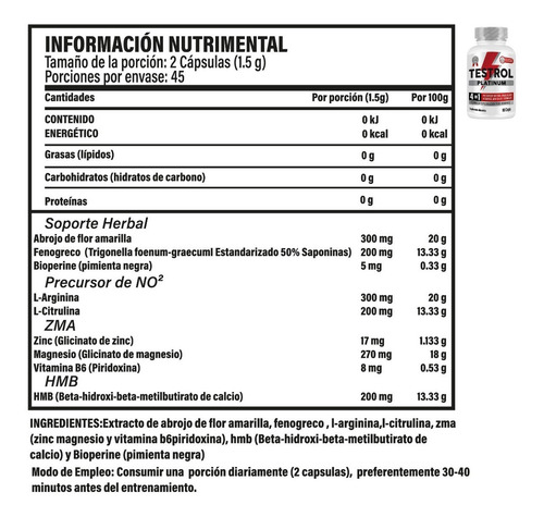 Testrol + Arginina Platinum Paquete 2 Piezas - 90 Capsulas Sabor Sin sabor