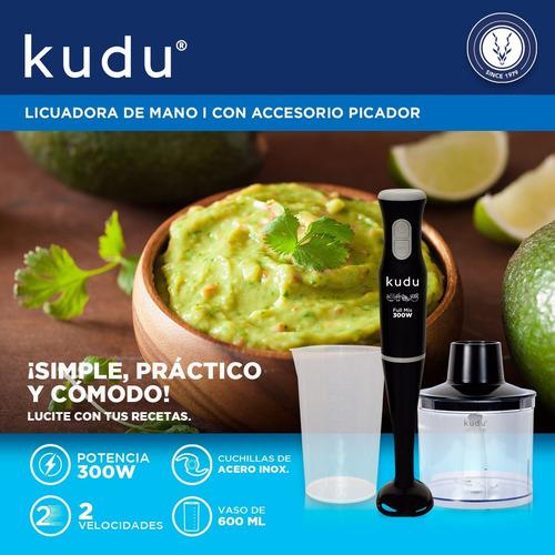Mixer Licuadora De Mano Kudu Con Vaso Dosificador Y Picador Color Negro