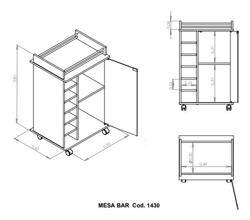 Imagen 9 de 9 de Mueble Bajo Con Puerta Vidrio Y Bodega Para Vinos - Bar Movil Portatil - Mesa Arrime - 1432