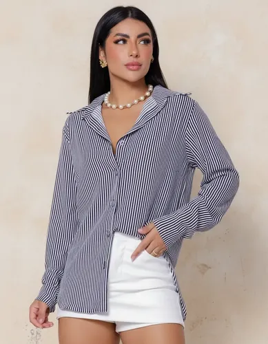 MLB 3833090845 Camisa Social Feminina Classica Listrada C Botoes Tendncia JM