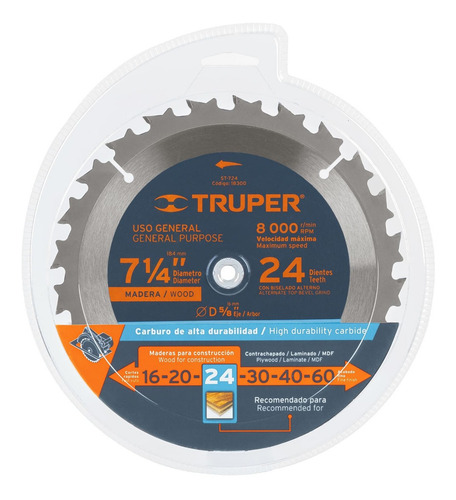 Disco Sierra Mad 7 1/4'' 24 Dientes Carburo 5/8 Truper 18300