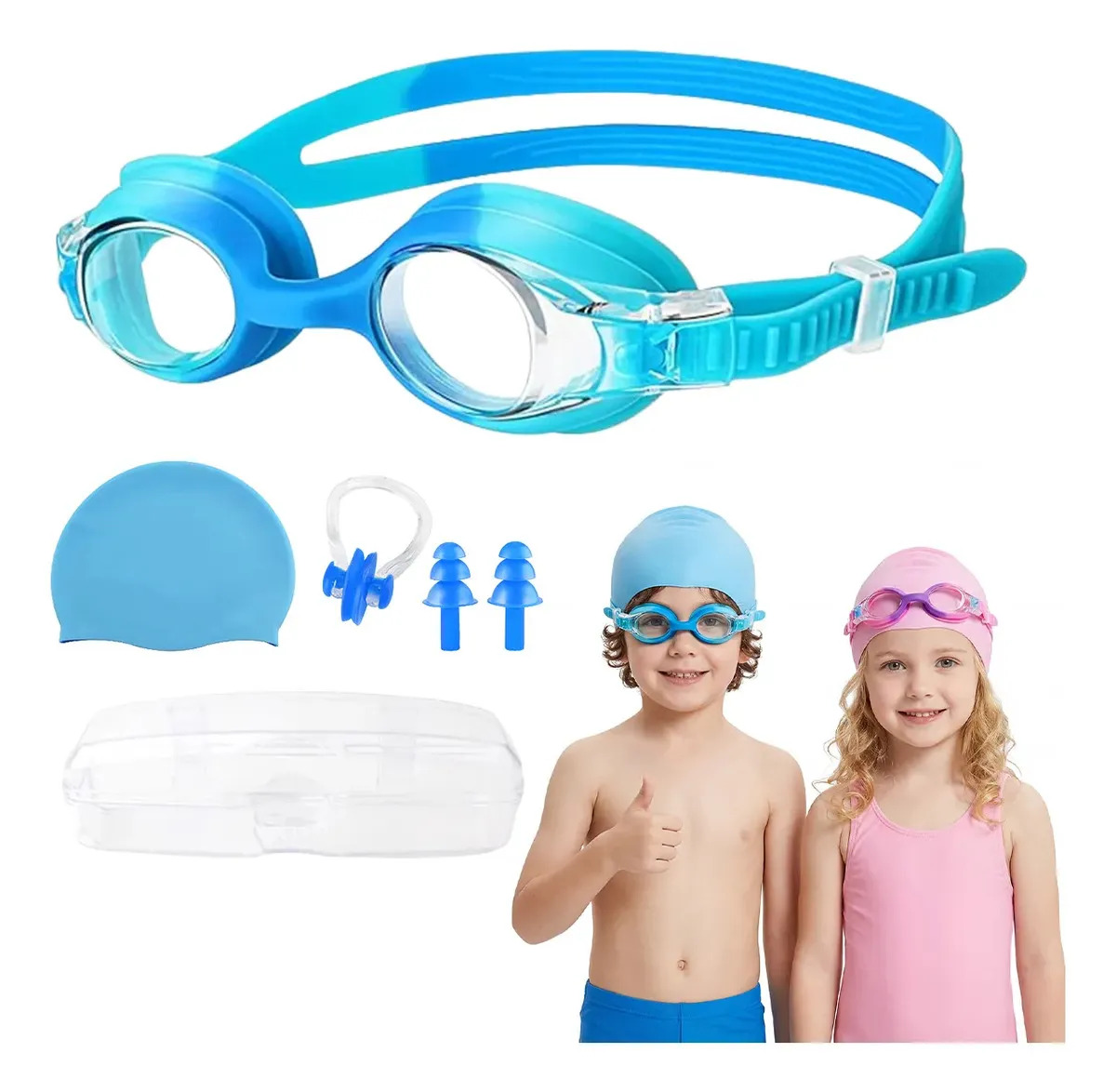 Kit 4pzs Goggles Natacion moda Para Niño Y Niña con Protección Uv,antivaho,HD ángulo,ajustable Función etc.Incluye gorro de baño,pinza la nariz y tapones los oídos.azul.Luchefat