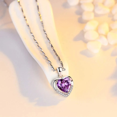 Collar Con Dije De Corazón De 925 Plata Y Cristal Para Muje Color Violeta