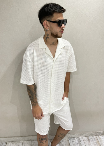 Conjunto Blanco Hombre Camisa Tejido Crochet Y Bermuda Lino