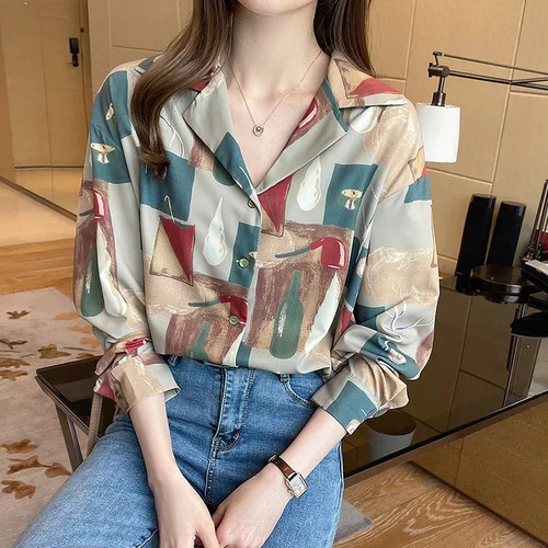 Camisa Casual Con Cuello De Manga Larga Estampada Para Mujer