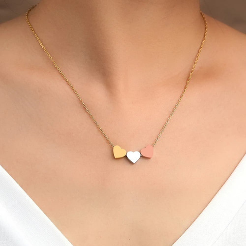 Imagen 3 de 6 de Collar Mujer Dije Corazones Minimalista Acero Plata Oro Rosa
