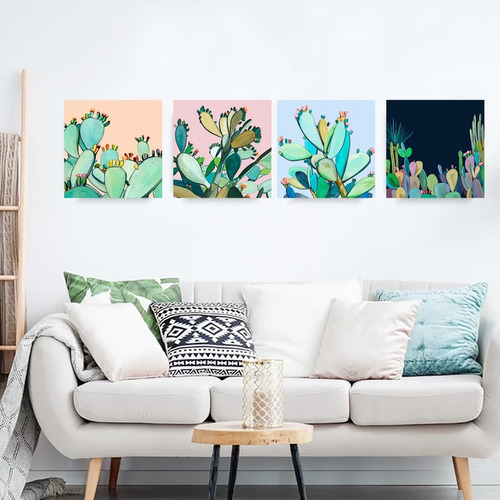 Cuadro Canvas De Cactus Plantas Acuarelas Modernos Flores Color Multicolor Armazón Bastidor