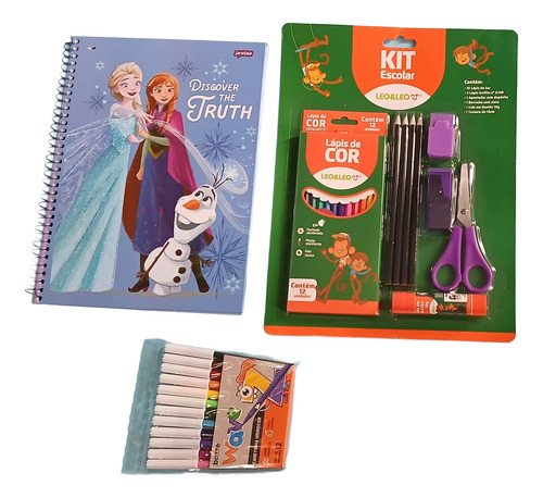 Material Escolar Básico Feminino Caderno Frozen + 32 Peças