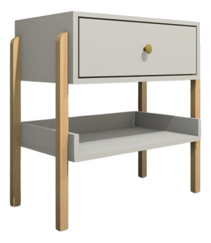 Mesa De Cabeceira Em Mdf Pés em Madeira Natural Com 1 Gaveta E Prateleira Acabamento Fosco Cor Off White