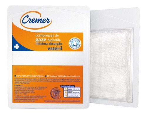 Gaze Esteril 7,5x7,5 Estéril 9 Fios - Cremer Kit C/50 Pcts