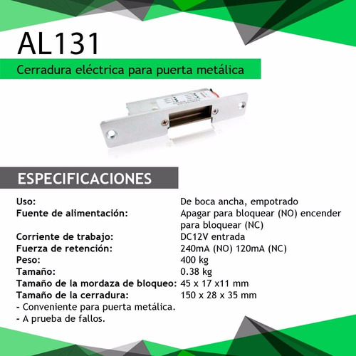 Cerradura Eléctrica Para Puerta Metálica Zkteco Al131