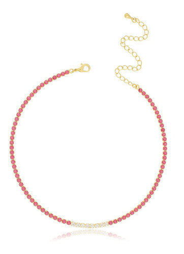 Colar Choker Riviera Feminino Zircônia Rosa Banho Ouro 18k