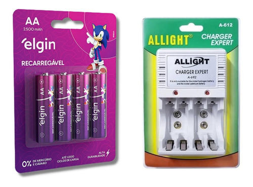 Carregador De Pilhas Aa/aaa/9v + 4 Pilhas Aa 2500 Mah Elgin