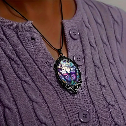 Collar Colgante Con Patrón De Mariposa Violeta Caliente,