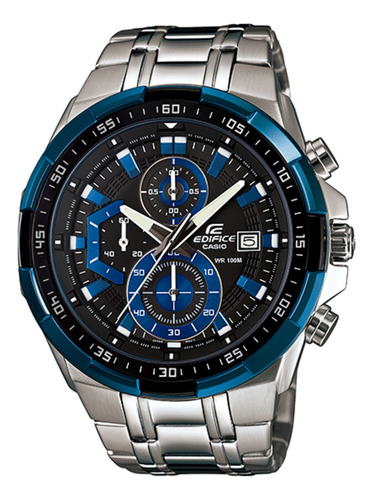 Reloj pulsera Casio EFR-539 con correa de acero inoxidable color plateado - fondo negro - bisel azul/negro