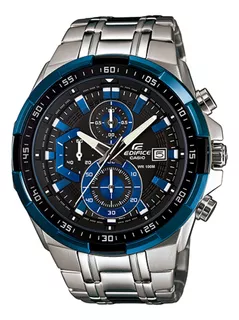 Reloj pulsera Casio Edifice EFR-539 de cuerpo color plateado, analógico, para hombre, fondo negro, con correa de acero inoxidable color plateado, agujas color blanco y negro, dial azul y blanco, subes