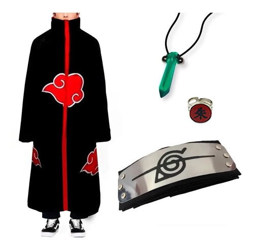 Kit Capa Akatsuki + Bandana + Colar - Naruto Cosplay Manto