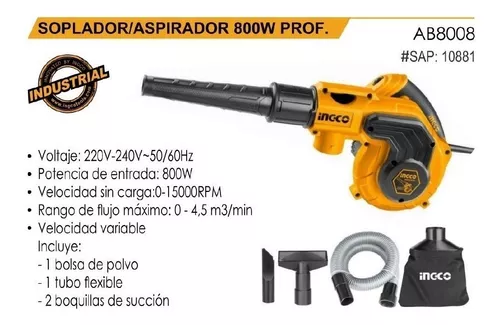 Soplador Aspirador Industrial 800W + 1 Bolsa para Polvo + Tubo