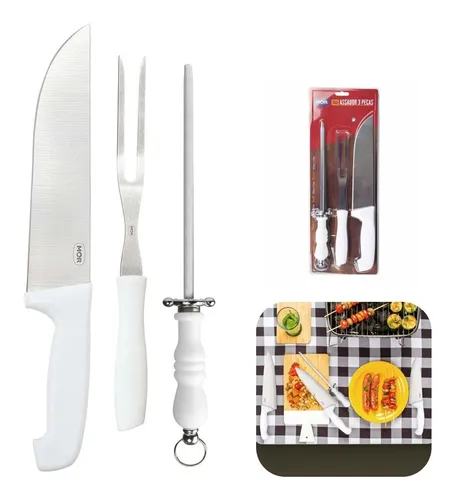 comprar Jogo Faca Chaira Garfo 3pçs Churrasco Inox Cortar Carnes Mor