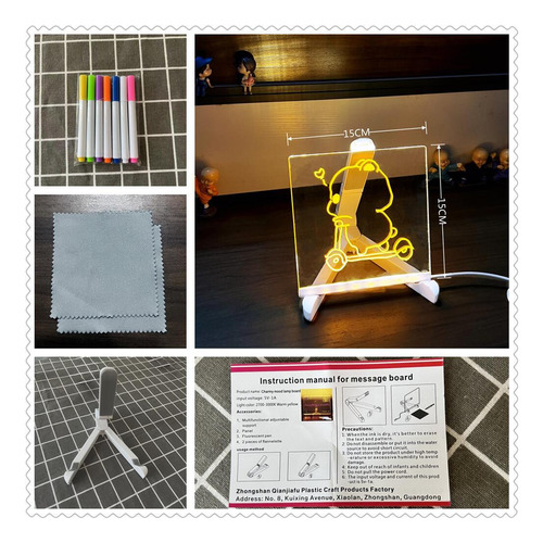 15*15cm Tablero De Dibujo Led Para Niños, Acrílico Transparente, Doble Cara, Borrable En Seco, Con Base Ajustable, Incluye 7 Plumones Fluorescentes, Luz Led Multicolor Y Nocturna