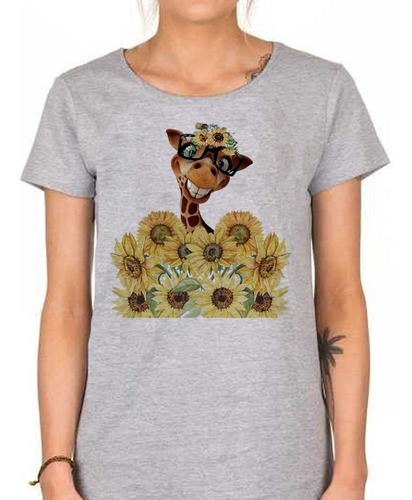 Remera De Mujer Jirafa Girasol Flores Color Amarillo Art