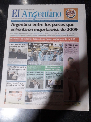 Tapa Diario El Argentino 07 6 2010 Crisis Noble Argüello 