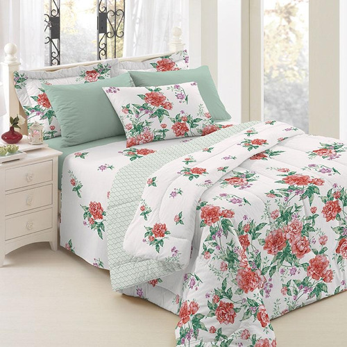 Jogo De Cama Teka King Verde Estampa Floral Nuria 150 Fios