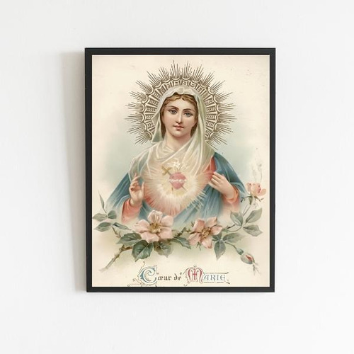 Quadro Sagrado Coração De Maria Vintage 24x18cm Vidro Preta