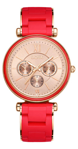 Reloj Loix Mujer L1209-3 Rojo Con Rosado, Tablero Oro Rosa