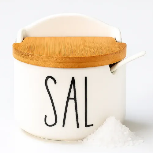 Saleiro Porcelana Luxo Com Tampa Bambu E Colher De Mesa Branco