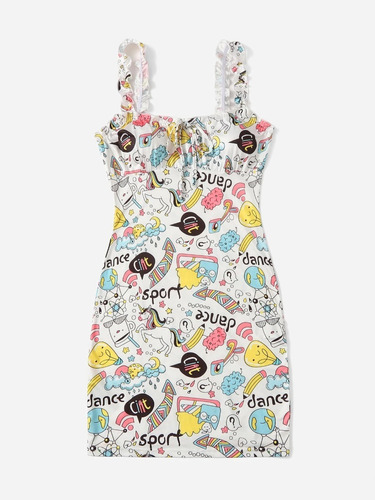 Vestido Blanco Estampado Con Dibujos Talla Xs