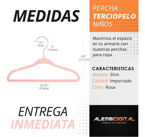 Percha Felpa Terciopelo Antideslizantes Niños X 50 Rosa