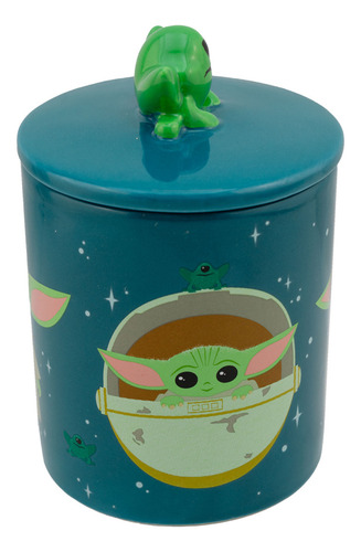 Taza Grande Cerámica Con Tapa 3d Personajes Animados 532 Ml Color Azul Petróleo Baby Yoda