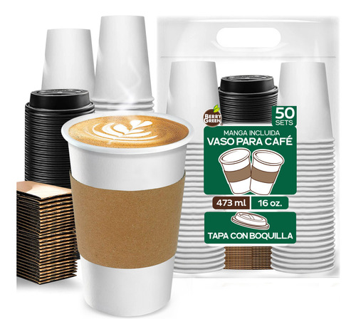 Berry Green 500 vasos desechables para café 16 oz (473 ml) con tapa y manga protectora resistentes sin derrames biodegradables ideales para bebidas calientes