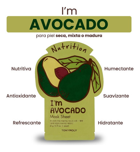 Tonymoly Mascarilla Facial Coreana Im Real Mask Sheet Avocado