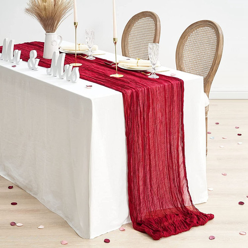 2pzs Caminos De Mesa Gasa Elegante Boho Decoración Boda Color Nude Red Mantel Decorativo Ruffled Mantel Decoración de Mesa Celebración de Cumpleaños Decoración de Estilo Vintage