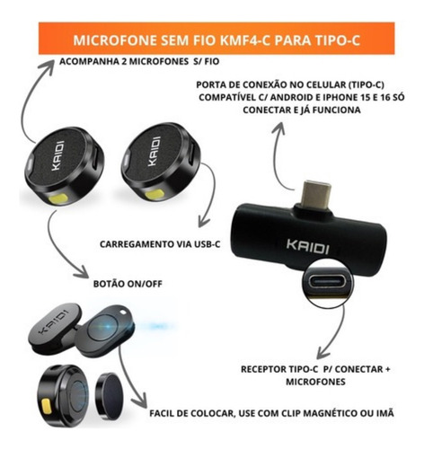 Microfone Lapela Duplo Sem Fio Magnético Redondo Tipo-c Top