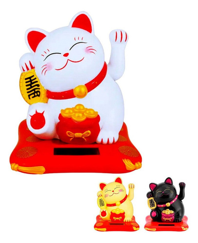 Gato Fortuna Suerte Carga Solar Maneki Neko Negro Blanco 8cm