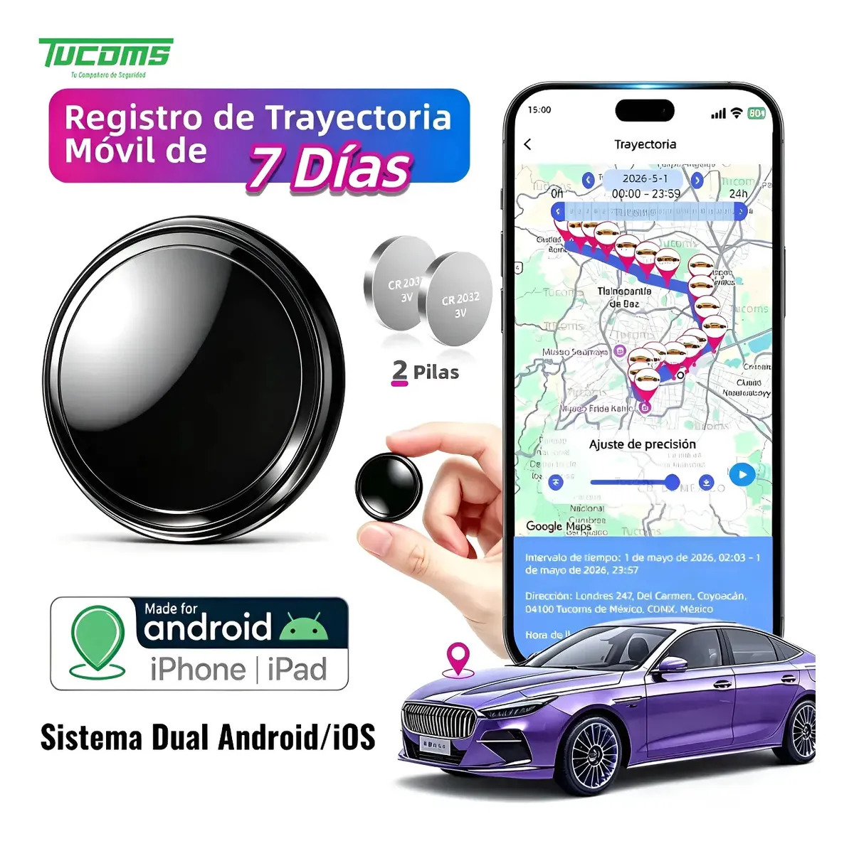 TUCOMS Mini Localizador Rastreador Tracker GPS, 7 Días Registro De Trayectoria Movimiento, Compatible Android Smart Tag iPhone iOS Airtag, Para Auto Moto Niños Mascotas Llave Carro