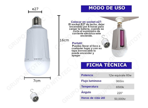 20 Piezas Pack Foco Portatil Rosca Base E27 12w Luz De Dia